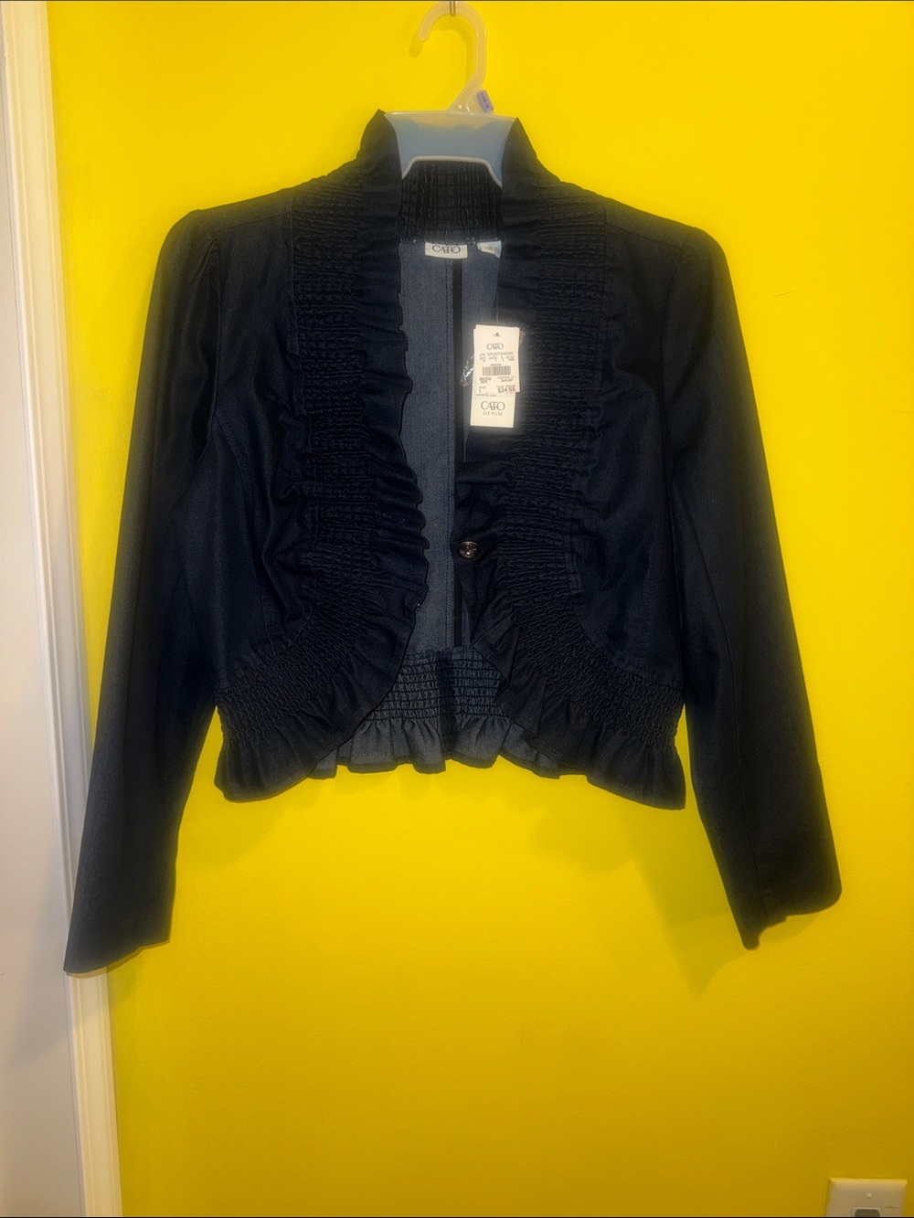 Women’s Denim Ruffled Cropped Jacket - Elegant Evening Coat - Picture 14 of 14